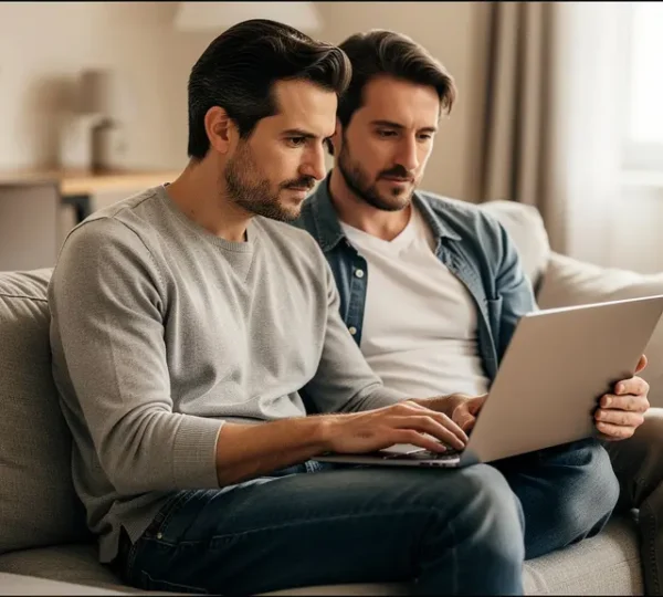 Couple français consultant une simulation de crédit immobilier sur ordinateur portable