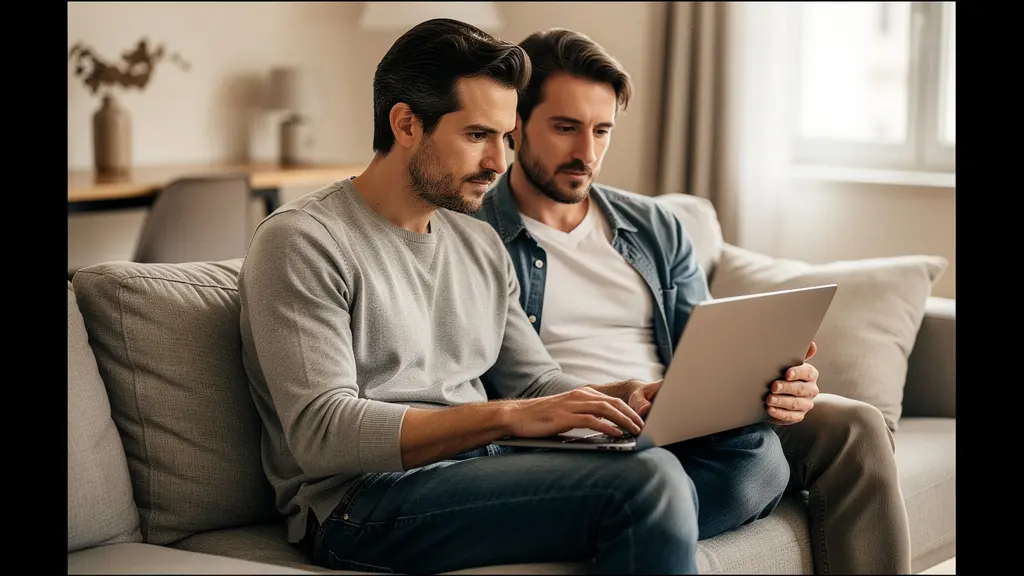 Couple français consultant une simulation de crédit immobilier sur ordinateur portable