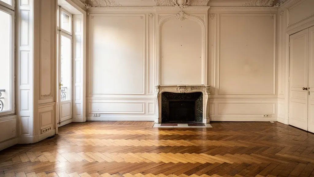 Intérieur appartement haussmannien Paris avec moulures et parquet pour estimation valeur