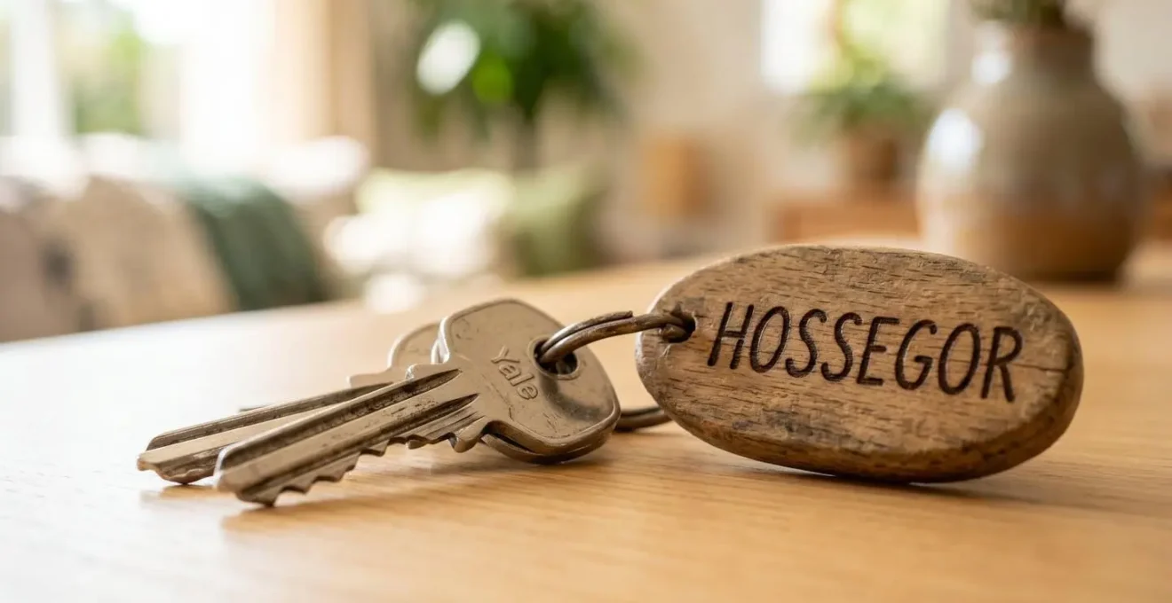 Gros plan sur un trousseau de clés de maison avec étiquette en bois gravée du mot Hossegor, posé sur une table contemporaine claire
