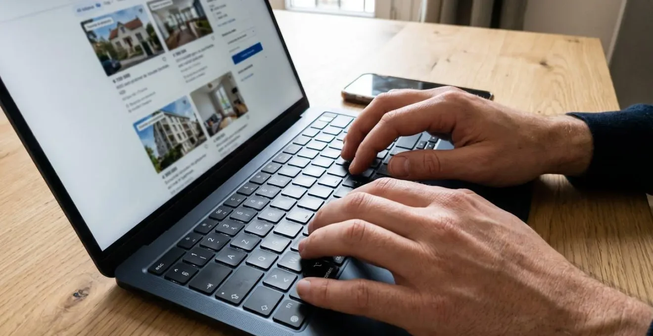 Gros plan sur des mains tapant sur le clavier d'un ordinateur portable moderne, avec un écran flouté en arrière-plan laissant deviner une interface web immobilière