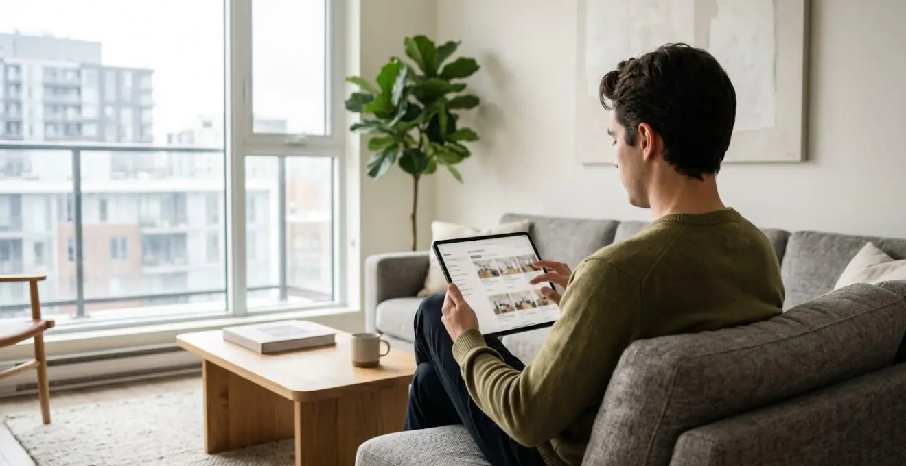 Personne vue de dos assise sur un canapé contemporain, consultant des annonces immobilières sur une tablette dont l'écran est flouté, dans un salon lumineux moderne
