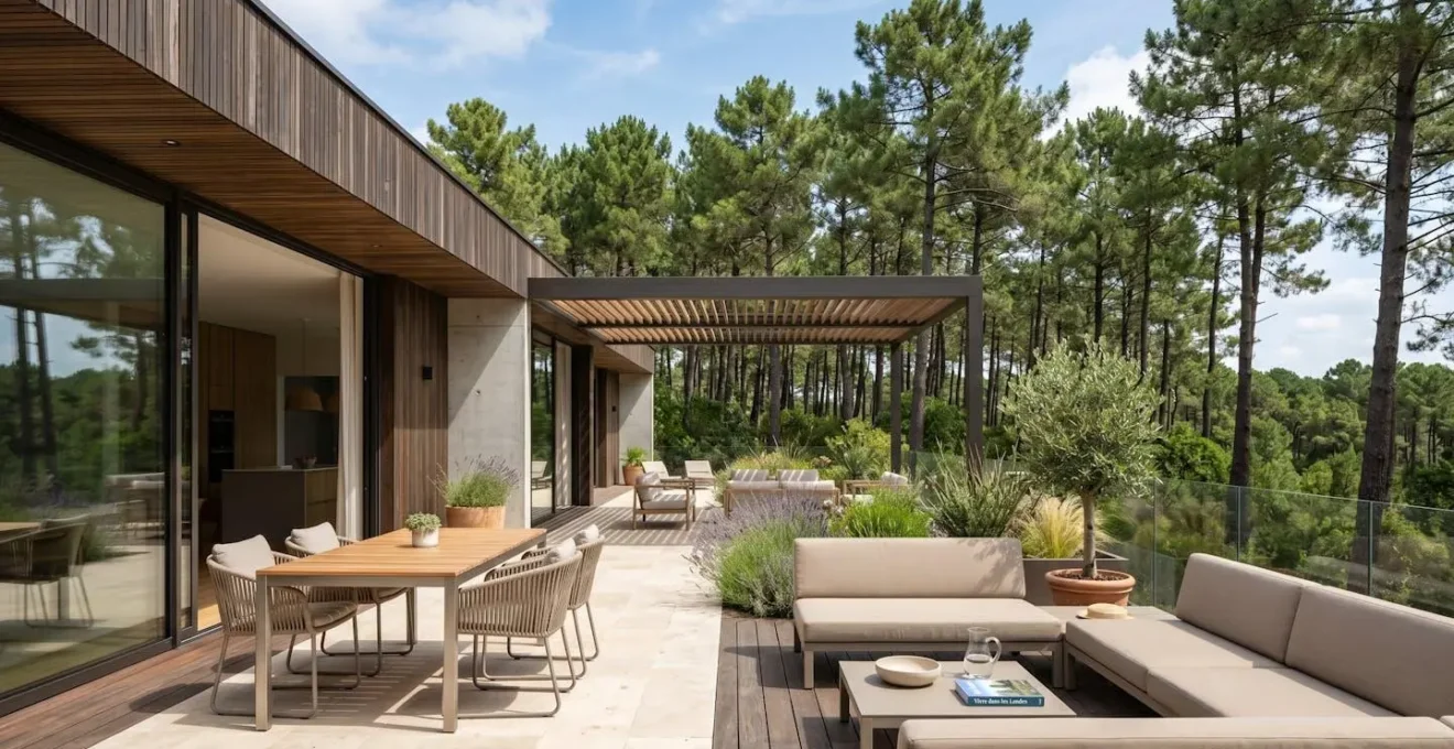 Terrasse contemporaine d'une villa landaise avec transats design et vue dégagée sur la pinède environnante, baignée de lumière naturelle