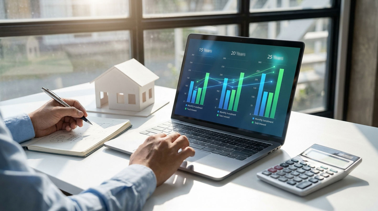 Couple de trentenaires consultant ensemble sur tablette un tableau comparatif de durées de crédit immobilier (15/20/25 ans) avec mensualités et coût total affichés, assis sur canapé dans salon lumineux contemporain