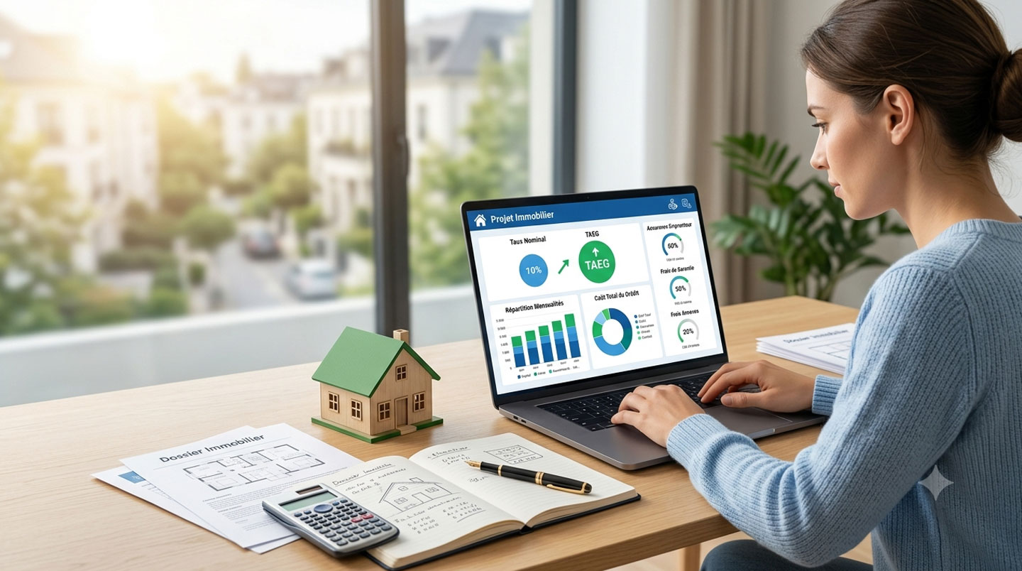 Gros plan sur une offre de prêt immobilier française montrant les lignes 'Taux nominal : 1,50 %' et 'TAEG : 1,95 %' clairement lisibles, posée sur un bureau contemporain avec calculatrice et stylo