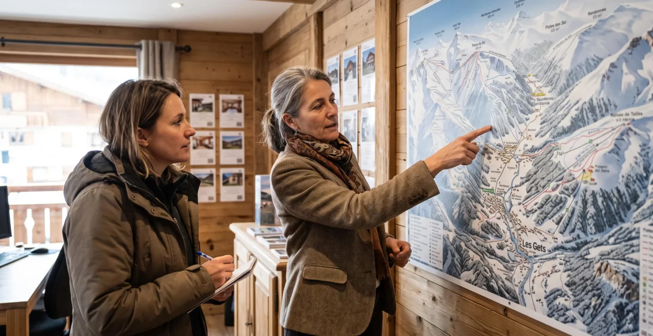 Une directrice d'agence immobilière explique une carte du secteur des Gets à un client debout.