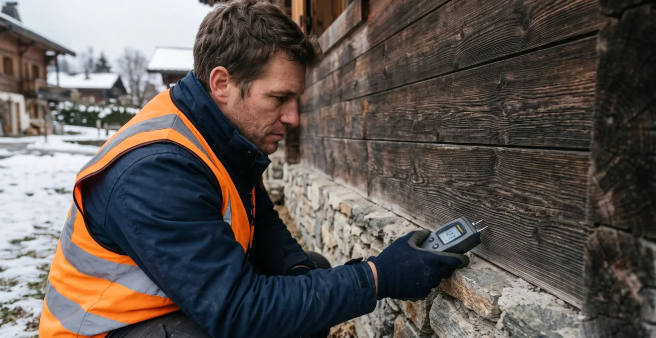 Un diagnostiqueur mesure l'humidité du bardage en bois d'un chalet avec un appareil adapté.