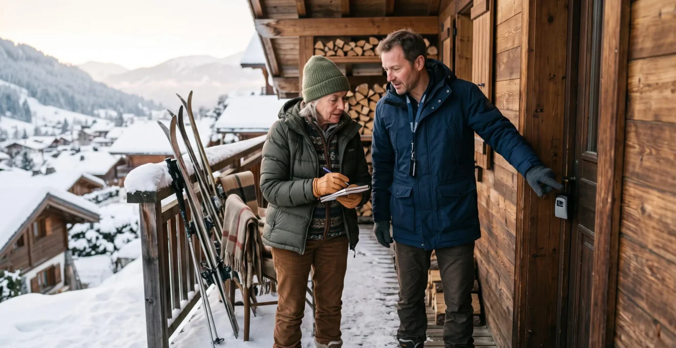 Une propriétaire et un gestionnaire locatif vérifient l'entrée d'un appartement en chalet aux Gets.