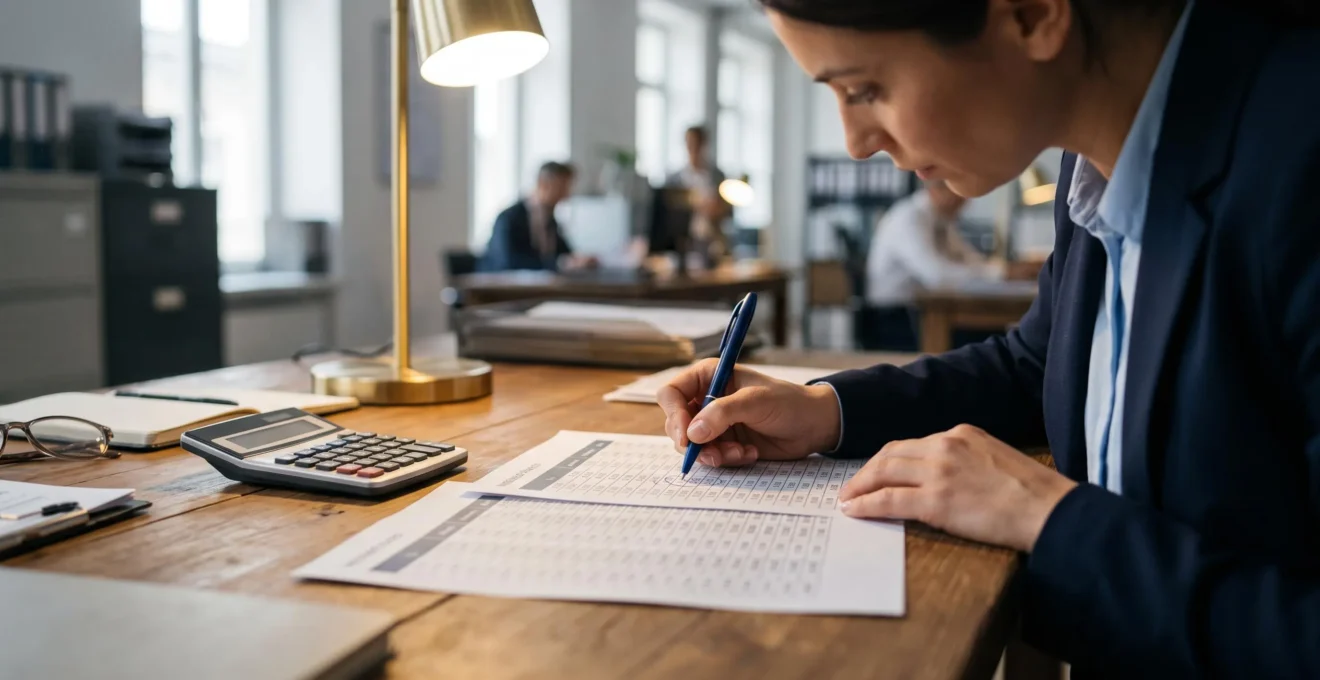 Une conseillère compare des grilles de taux sur papier et entoure un chiffre au stylo.