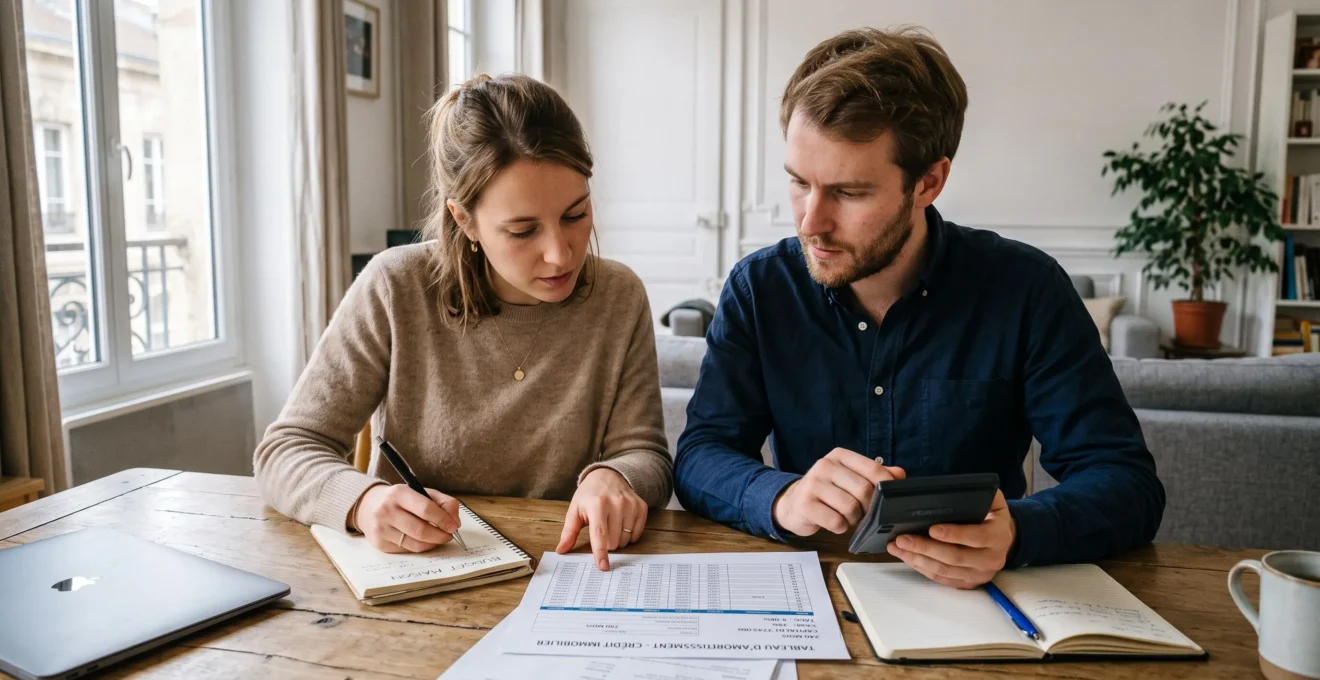 Couple de primo-accédants calculant leur capacité d'emprunt immobilier à la table de leur salon