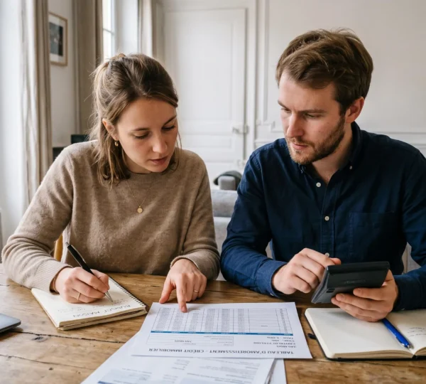 Couple de primo-accédants calculant leur capacité d'emprunt immobilier à la table de leur salon