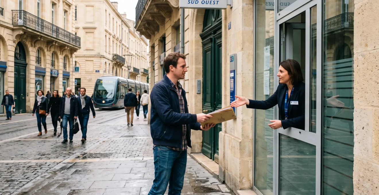 Un homme remet un dossier de documents à un agent devant une agence en pierre.
